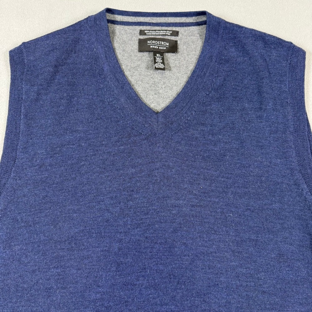 Nordstrom Mens Shop Blue Extra Fine Merino Wool V-Neck Sweater Vest XL